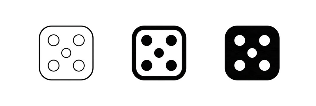 Three dice cube game icons showing number five isolated on transparent background
