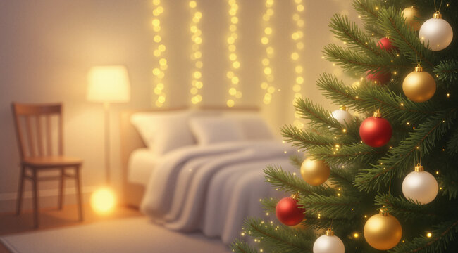 Soft-focus holiday bedroom with glowing Christmas branches, bed, fairy lights, lamp; cozy stock illustration.

