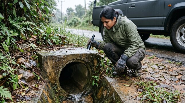 Engineer inspects rural culvert before heavy weather
