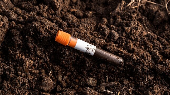 Soil sample test tube with orange cap lying in dark fertile earth for laboratory analysis