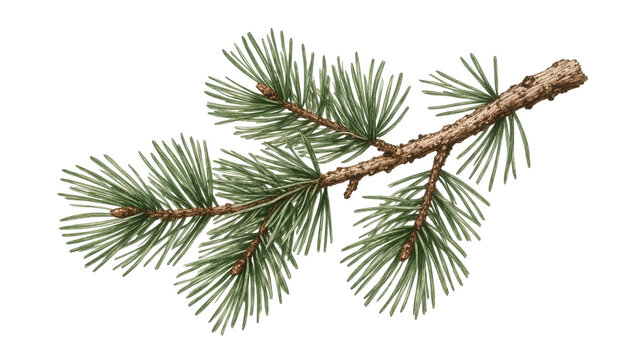Green pine branch with needles and small cones, isolated on transparent background