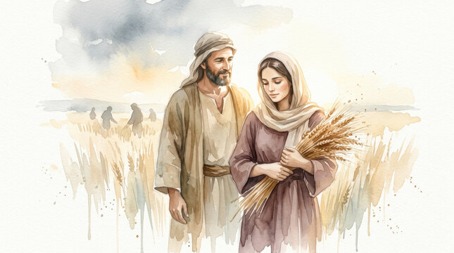 Ruth and Boaz in the field, Bible story.