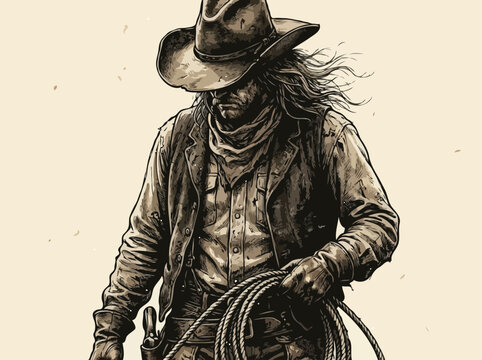 Vintage pencil sketch illustration of a cowboy wearing a hat and holding a lasso