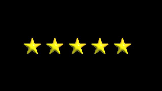 Five yellow glossy rating stars aligned horizontally on dark background provide modern feedback and quality evaluation symbols for web reviews and applications.