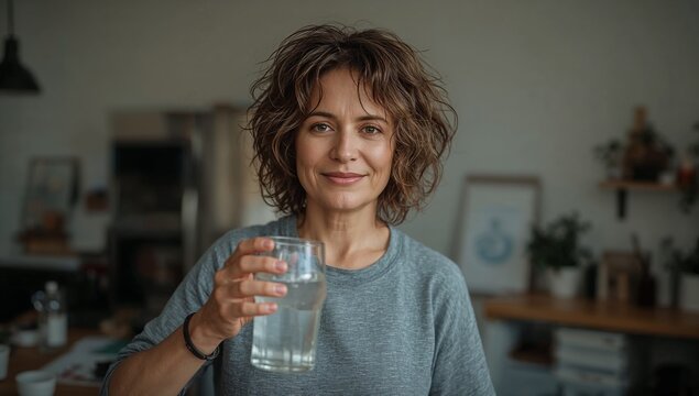 A woman holds a glass of water in her hand