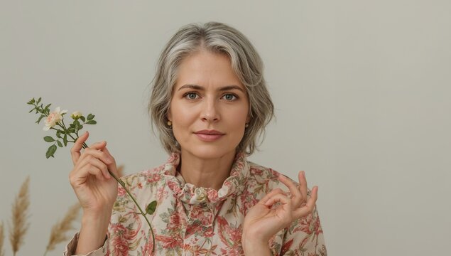 A woman holds a flower in front of her face, creating a veil of secrecy