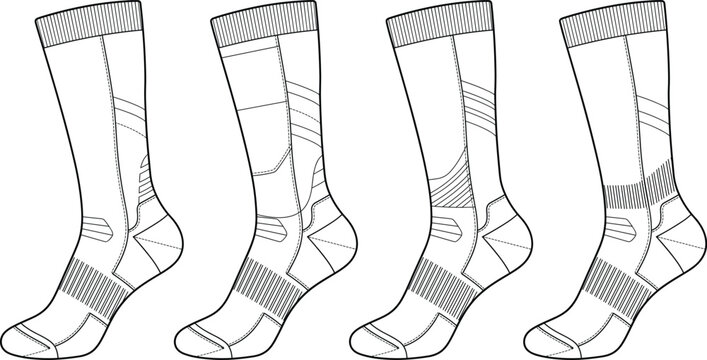 Technical athletic sock fashion flat sketches with compression panels and ribbed cuffs
