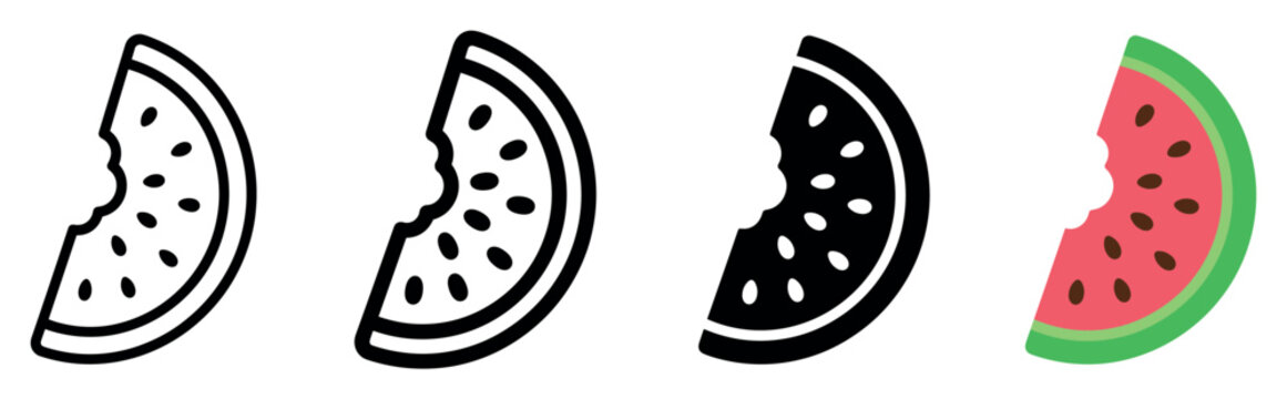 Watermelon slice icon set with bite mark shown in line art glyph silhouette and flat color graphic design styles for summer themes
