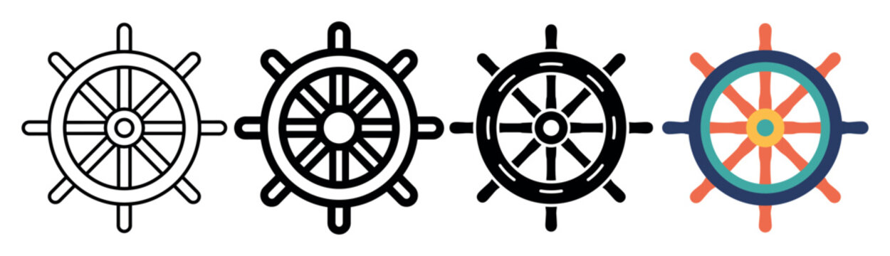 Ship wheel navigation helm icon set collection featuring nautical steering symbols in outline, bold line, silhouette, and colorful flat graphic design styles
