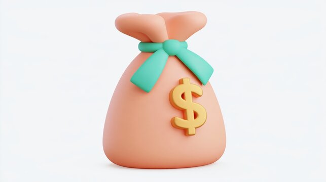 Soft peach clay money bag with a turquoise bow and golden dollar sign on a white background
