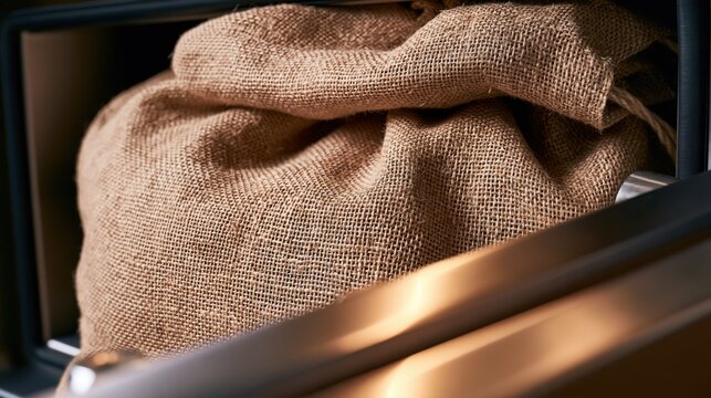 A coarse burlap money sack tucked inside an open steel safe in dramatic warm light