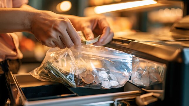 Close-up of hands sorting banknotes and coins into clear bags at a warmly lit counter