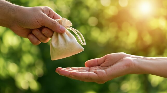 Hands pass a small drawstring pouch against a softly blurred green outdoor background