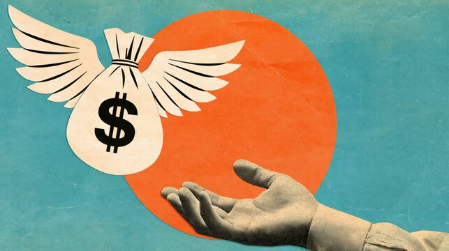 Vintage collage illustration of a winged money bag floating above an outstretched hand
