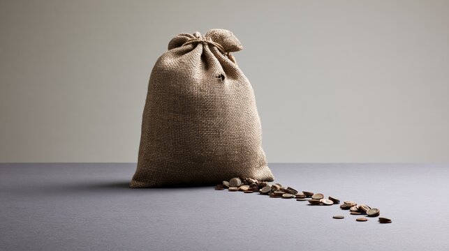 A tied burlap money bag spills coins across a tabletop in a financial loss concept