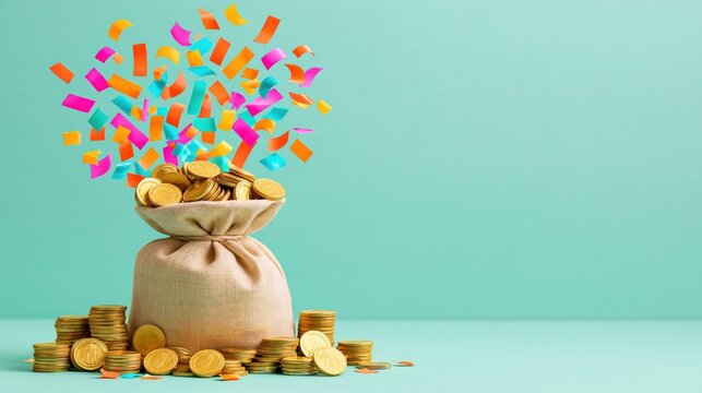 Overflowing burlap money bag with gold coins and colorful confetti on a turquoise background