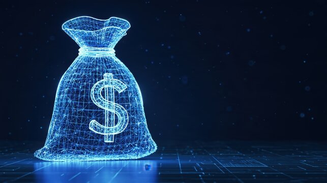 Glowing blue wireframe money bag on a digital circuit floor evokes virtual finance and wealth