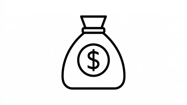 Minimal black outline money bag icon with a dollar sign on a clean white background