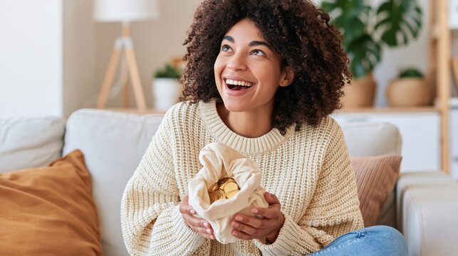 Joyful woman celebrates a small savings discovery while relaxing on a sofa at home