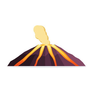 Wide shield volcano with spreading lava rivers, flat illustration