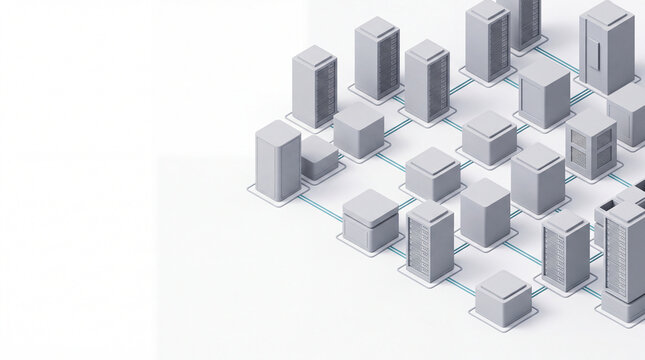 Isometric data center with light grey server racks and blocks on outlined bases connected by blue teal lines, network infrastructure background with copy space on the left