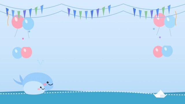 Cute cartoon whale pattern with balloons and banners on blue