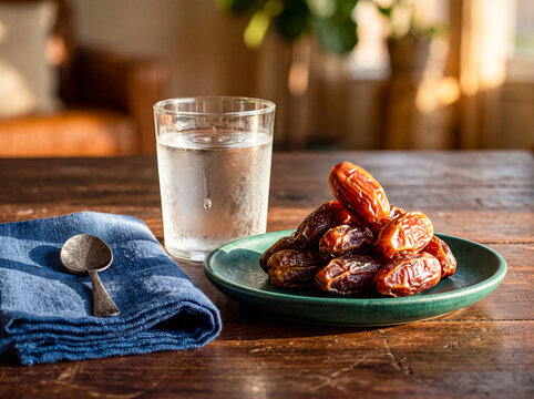 Plate of dried dates and a cold glass of water with condensation on a rustic wooden table for breaking the fast during Ramadan