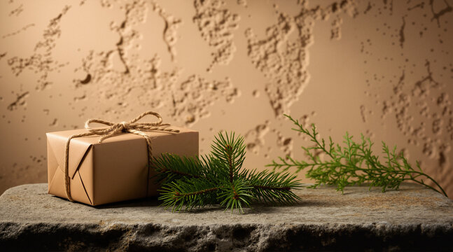 Kraft paper Christmas gift box with pine branch. Rustic holiday present. Eco-friendly packaging.
