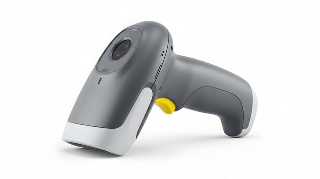 Grey handheld barcode reader with yellow trigger button for inventory management and retail logistics.