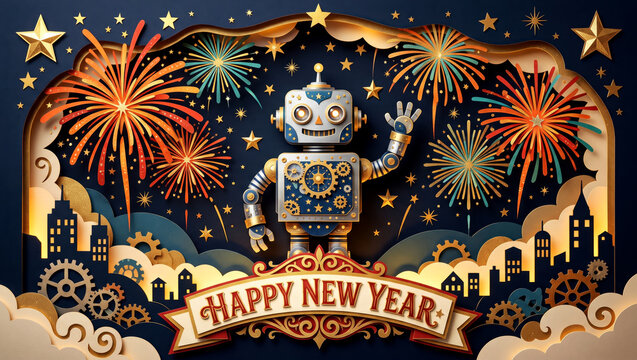 Papercut style robot with golden stars and fireworks in layered new year greeting illustration