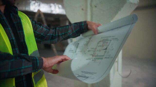 Experienced Caucasian technician man studying architectural scheme in factory male guy inspector examining blueprint engineer checking design contractor reviewing layout builder analyzing project work