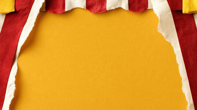 Carnival themed background with layered torn paper and fabric arcs on yellow