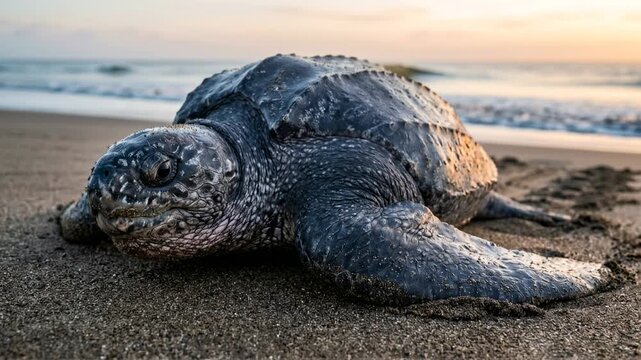 leatherback sea turtle at the shore close up at morning light in costa rica beach video