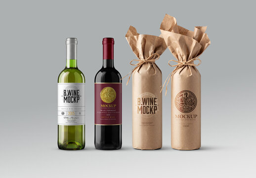 Wine Bottle Mockup - Kraft Paper Wrapped Bordeaux (4 Objects)