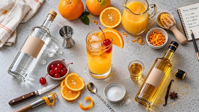 Overhead Flat Lay of Harvey Wallbanger Ingredients with Vodka, Orange Juice and Liqueur