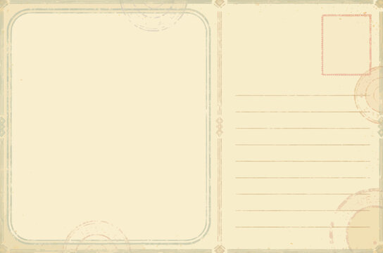 Vintage postcard template with postal stamps and address lines on aged paper