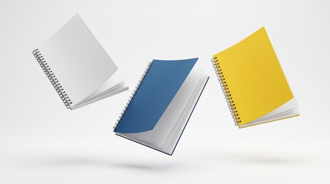 Three notebooks of different colors, white, blue, and yellow, floating in the air. Each notebook is open or closed and has a spiral binding