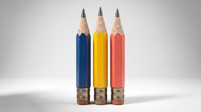 Three colorful pencils standing upright against a neutral background