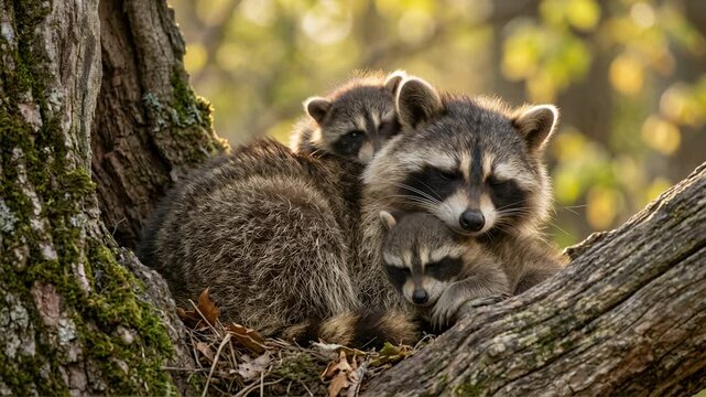 raccoon with kits close up in morning light at great smoky mountains national park video