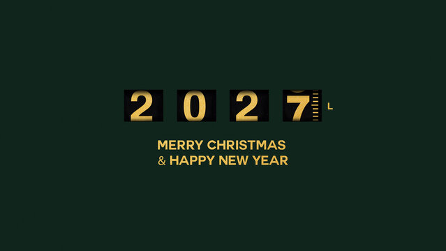 Merry Christmas and Happy New Year 2027 design with golden mechanical flip scoreboard numbers on dark green background. Elegant festive banner, card, and poster template
