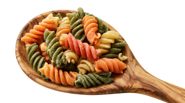 Tricolor fusilli pasta in a wooden spoon for classic Mediterranean meals.