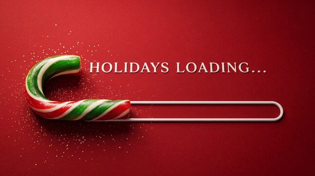 Holidays loading progress bar concept photo. Green and red striped candy cane forming a loading bar on a red textured paper background with sugar dust. Festive digital countdown graphic.