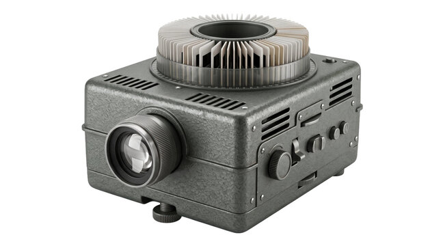 Vintage slide projector with carousel for film slides on a transparent background