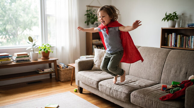 Happy Little Child in Red Superhero Cape Jumping on Sofa at Home. Concept of couch, playful, kid, childhood.