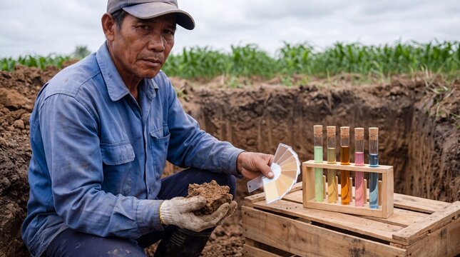 Farmer holding soil colour swatches and a clod beside test tubes