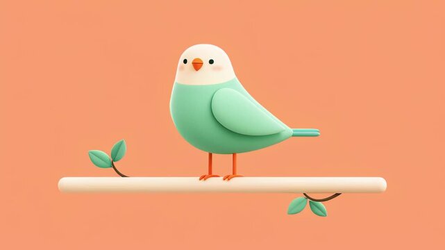 Charming turquoise cartoon bird perching on a minimalist branch and happily flapping wings against a pastel orange background, creating a cheerful springtime mood