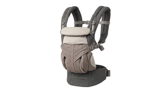 Ergonomic baby carrier with adjustable straps on a transparent background
