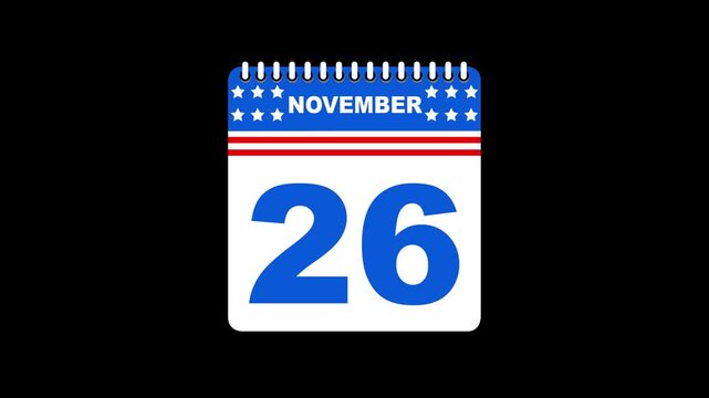 November month 26 date Calendar animation on black background. featuring November 26th date display for scheduling, time management, deadline reminders, and digital marketing presentation. 4k video.