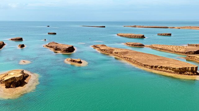 Surreal water yardang landforms rise above turquoise lake waters at Wusute Yadan Geological Park in Qinghai under blue sky.