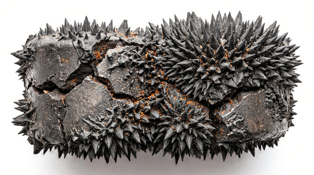 Cracked neodymium magnet covered in completely dried solidified ferrofluid spikes with microscopic orange rust isolated on white